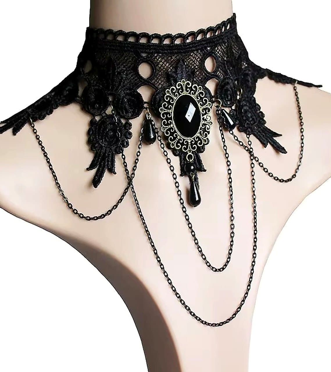Black lace choker with draped chains and a jet cabochon