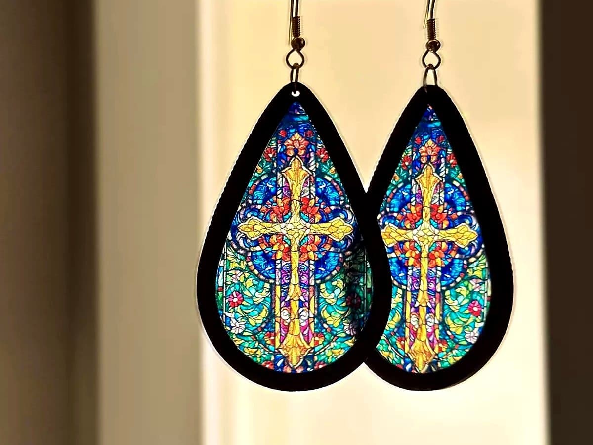 Teardrop earrings with a stained-glass cross pattern